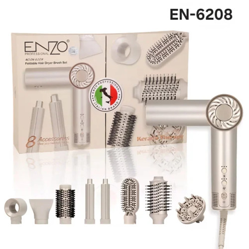 ست برس سشوار تاشو انزو ENZO EN 6208 - 8 عدد لوازم جانبی حالت دهنده مو ENZO EN 6208 Foldable Hair Dryer Brush Set – 8 Accessories Styling Kit